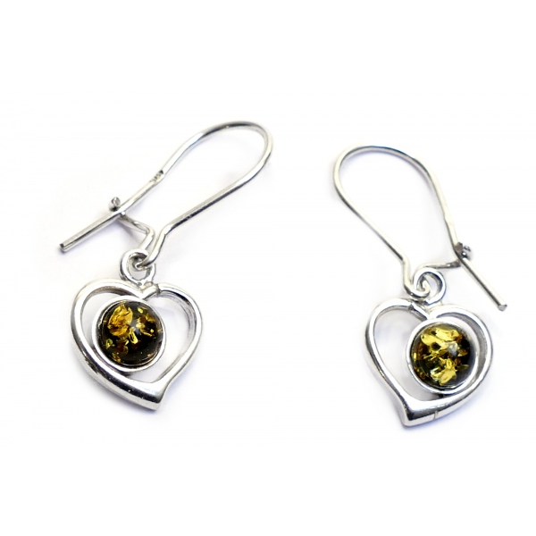 Boucles d'oreilles ambre vert et argent 925 en forme de coeur
