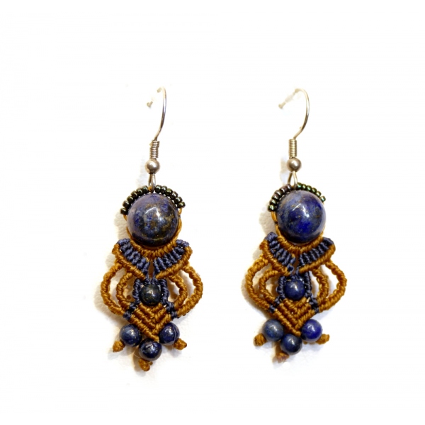 Boucles d'oreilles en macramé - Lapis Lazuli- marron - bleu foncé