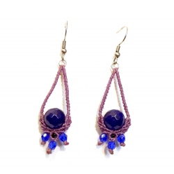 Boucles d'oreilles en macramé - violet- Fire Polish - Agate bleue foncé